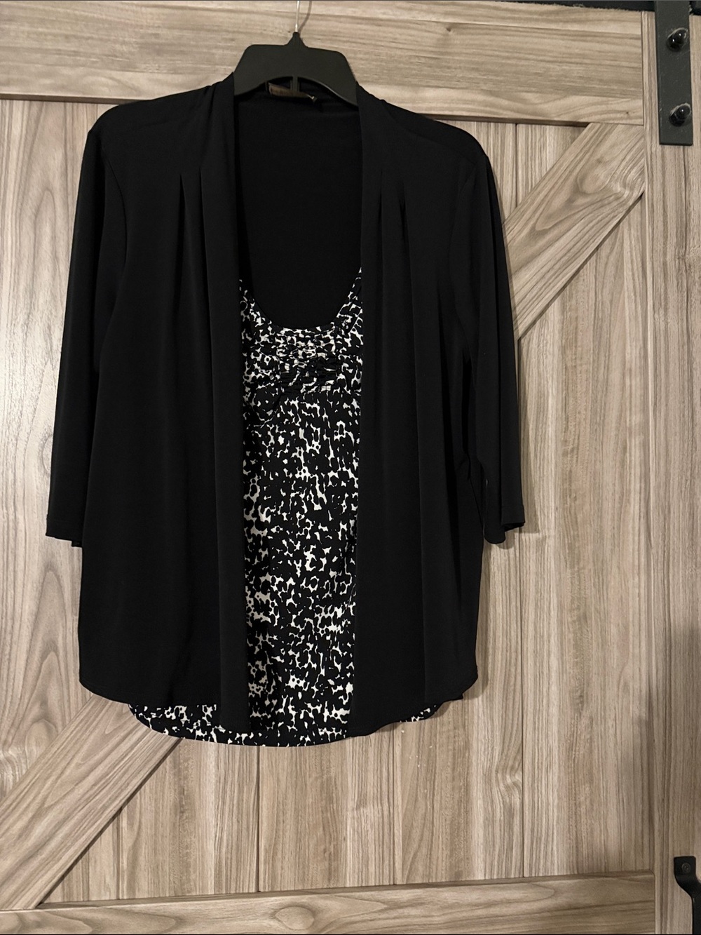 Black Open-Front Cardigan with Black & White Print Tank attached